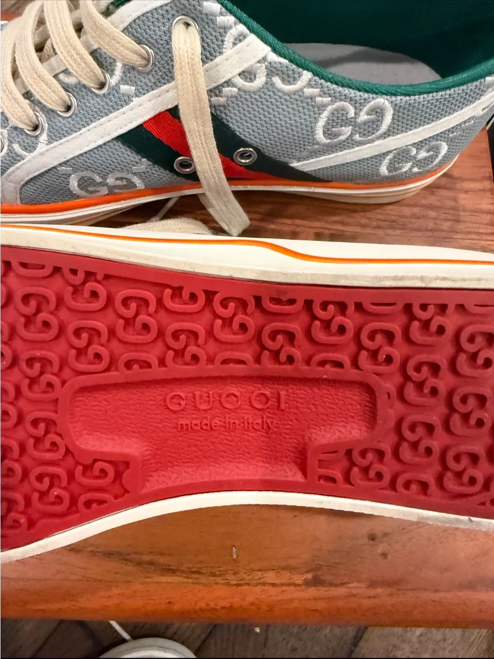 Gucci men’s size 9 Gray Canvas Sneakers with Green and Red Web and Orange Trim